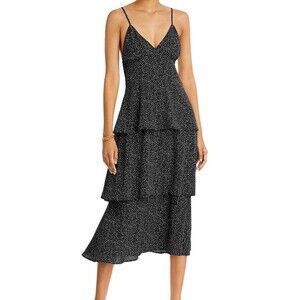 AQUA Midi Dress Size M Black White Dotted Tiered